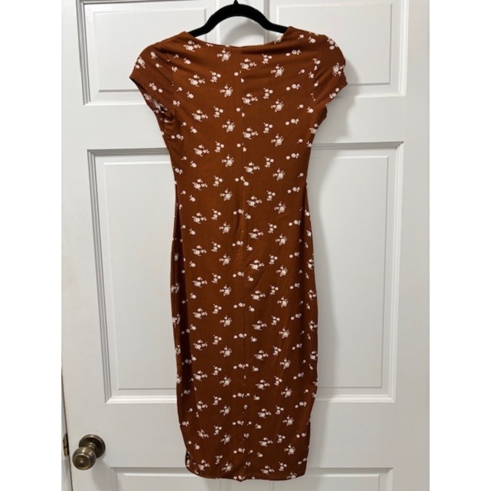 See You Monday Brown Floral Bodycon Midi Dress Short Sleeve Medium Casual - Picture 4 of 4